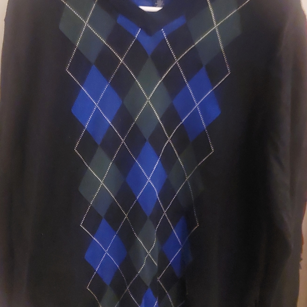Tommy Hilfiger Black V‑Neck Sweater with Blue and Green Argyle